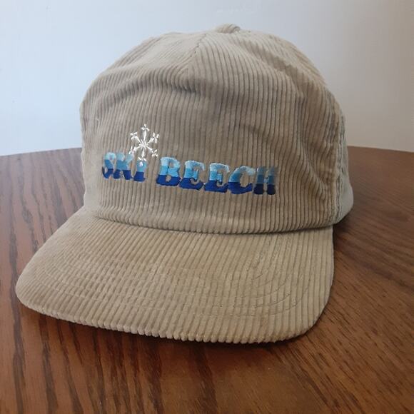 Vtg Ski Beech Mountain Corduroy Hat Embroidered Logo Trucker Baseball Beige 80s - Picture 1 of 9